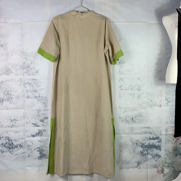 Marina Rinaldi Puro Lino Linen Green Contrast Trim Side Slit Button Midi Dress - Picture 9 of 15